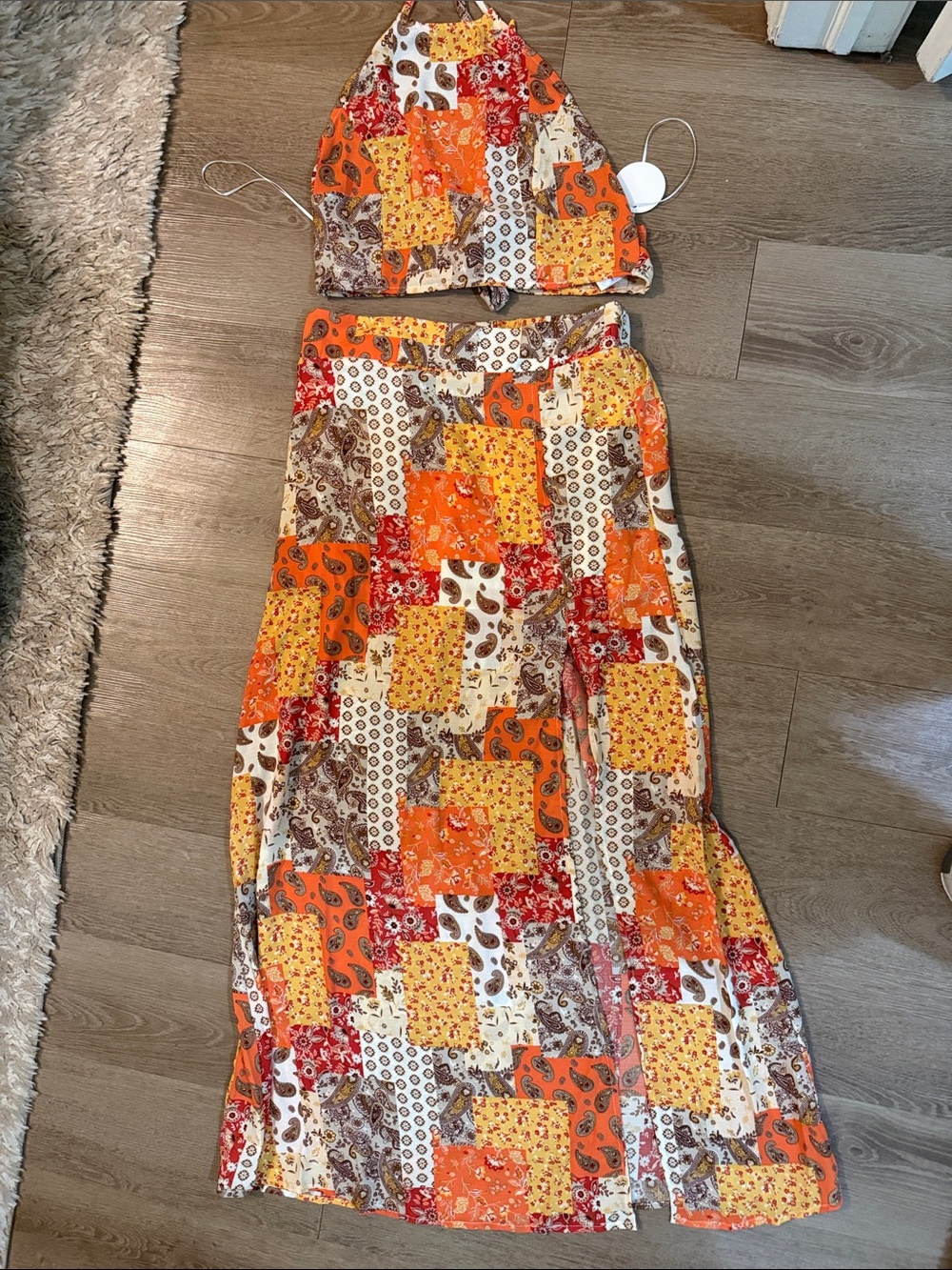 Orange Patchwork Maxi Skirt and Halter Top Set- Women